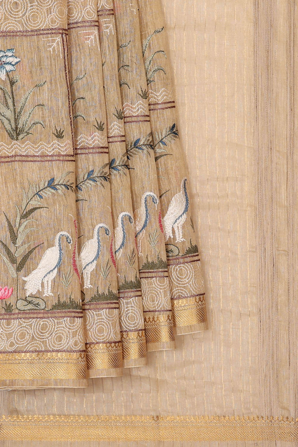 Image of Linen Cream Embroidered Saree